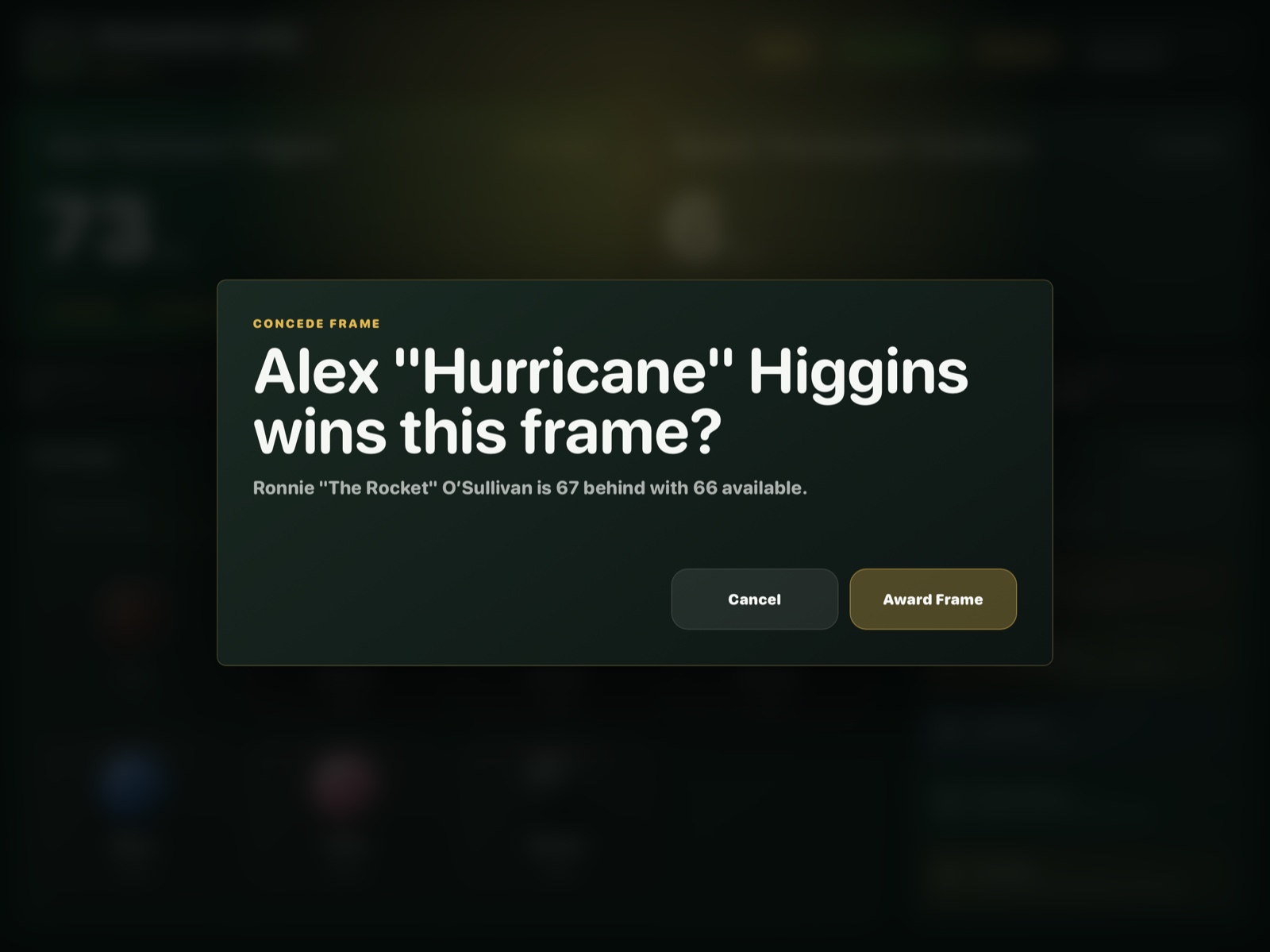 FrameScore concede frame confirmation screen.