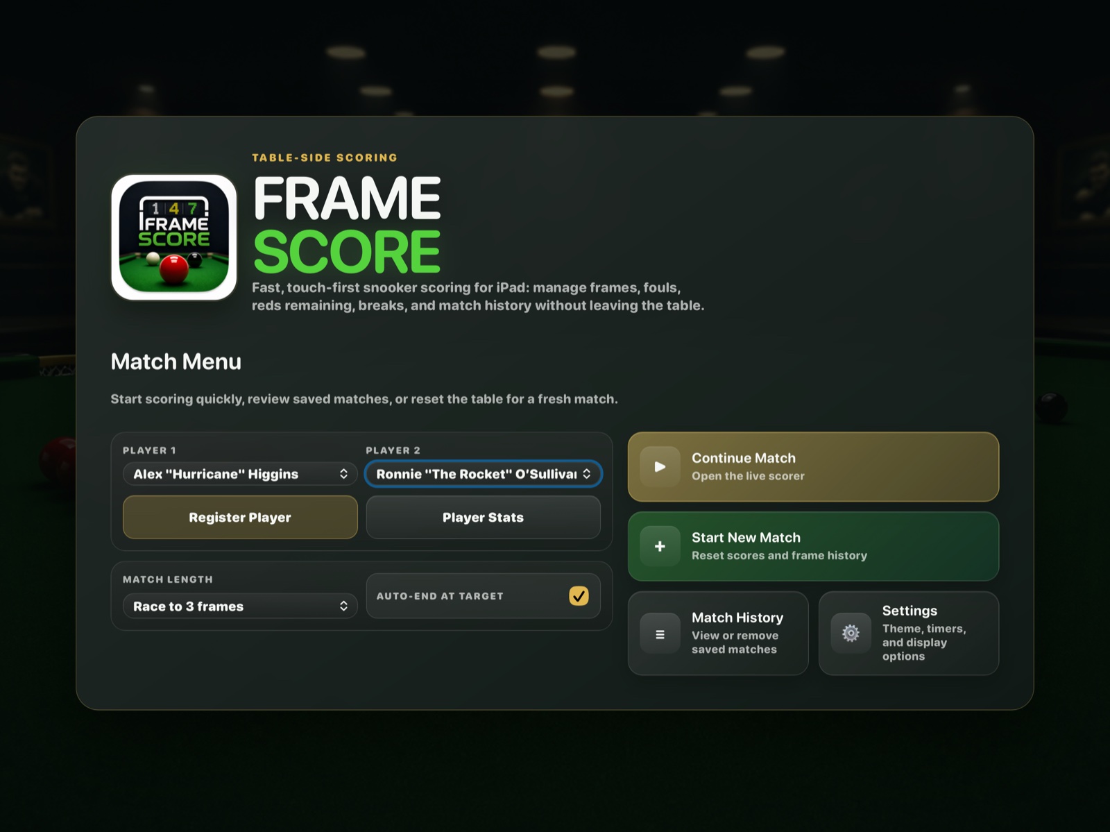 FrameScore match menu on iPad with player selection and match controls.