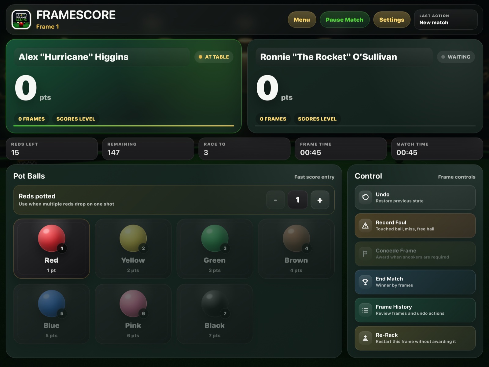 FrameScore live scoring screen at the start of a frame.