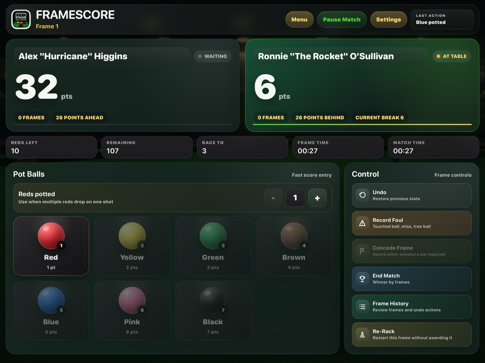 FrameScore live scoring screen showing points, current break and pot ball controls.