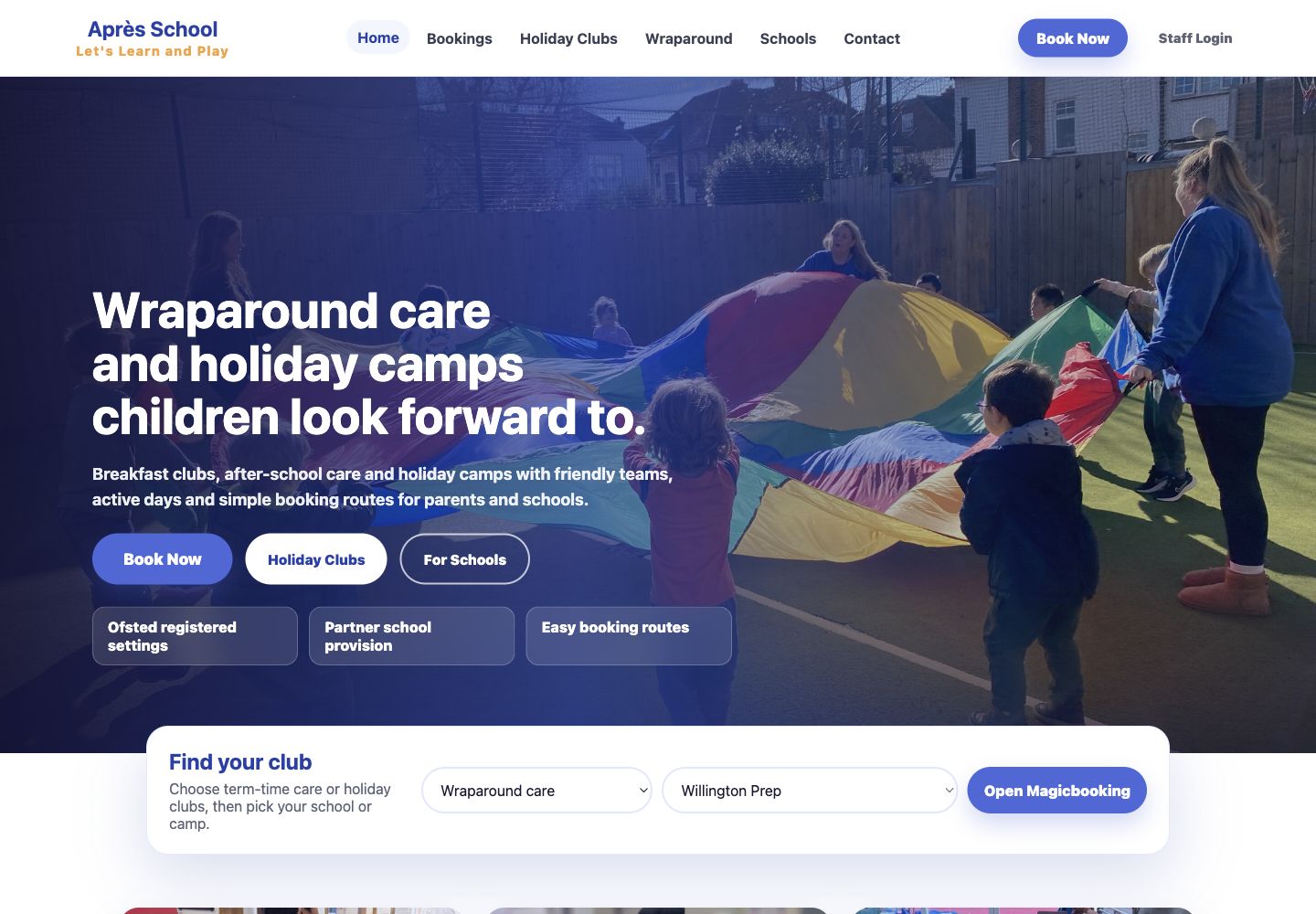 Screenshot of the Après School wraparound care and holiday camps website.