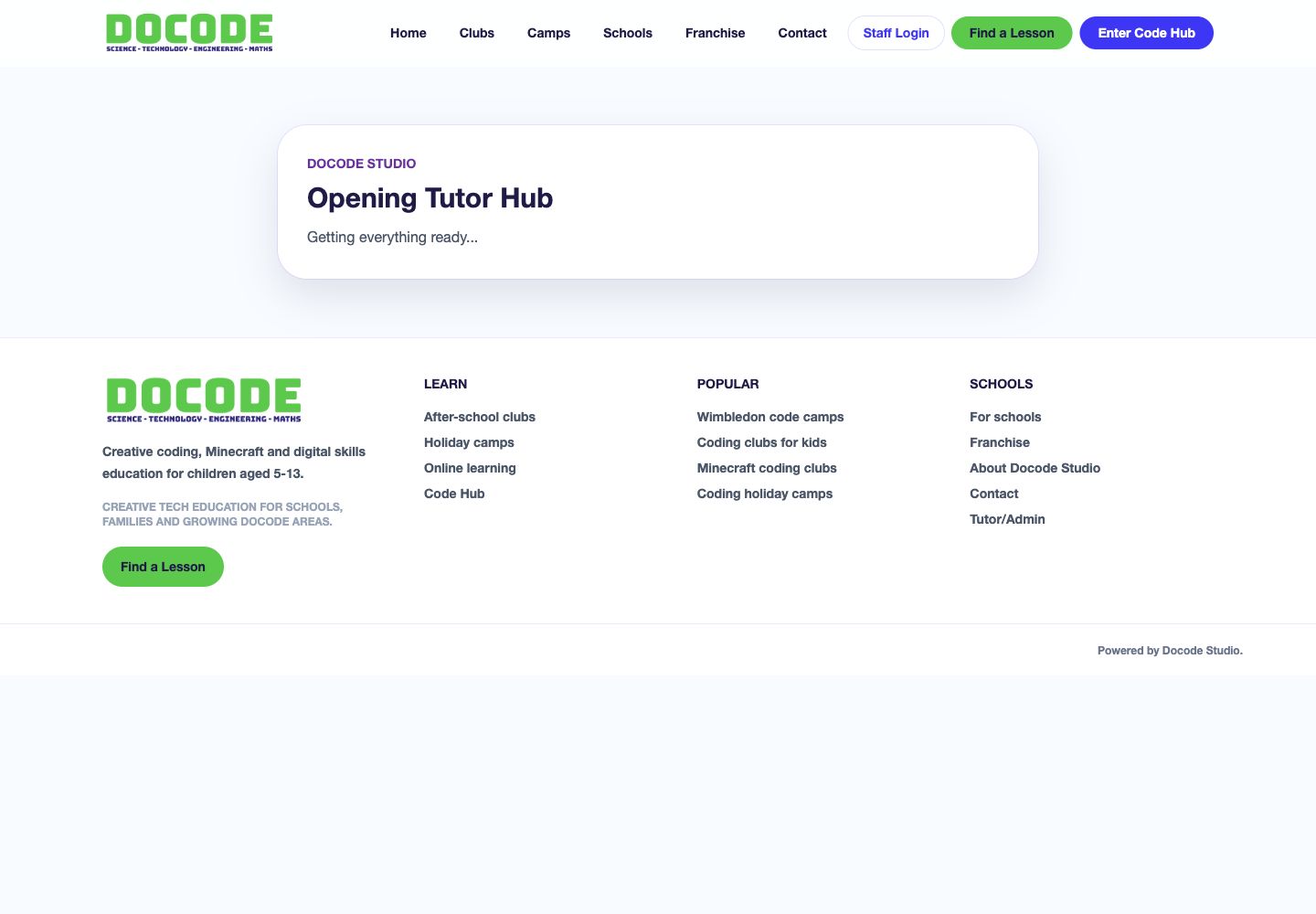 Screenshot of the Docode tutor hub entry page.