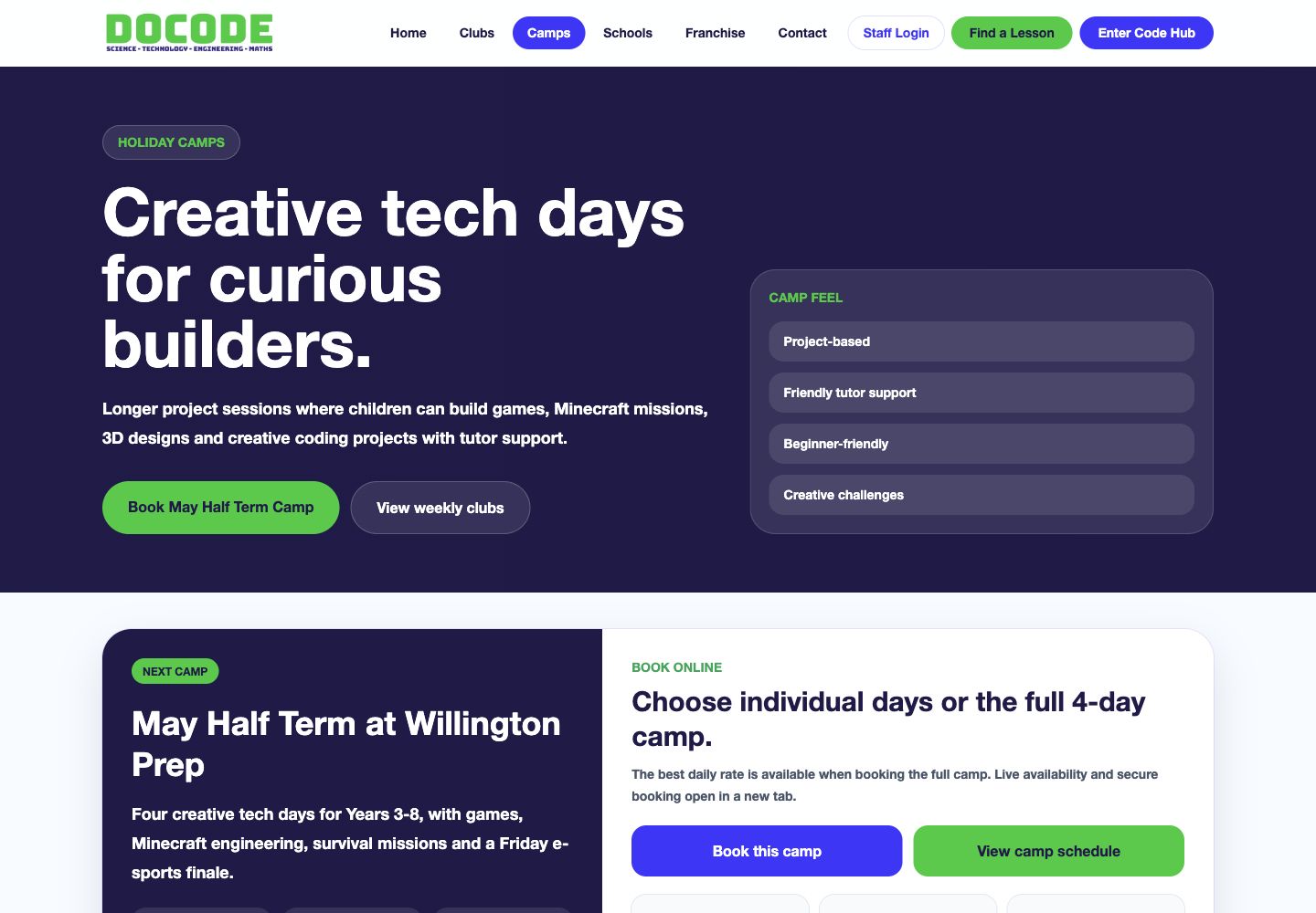 Screenshot of the Docode holiday camps page.