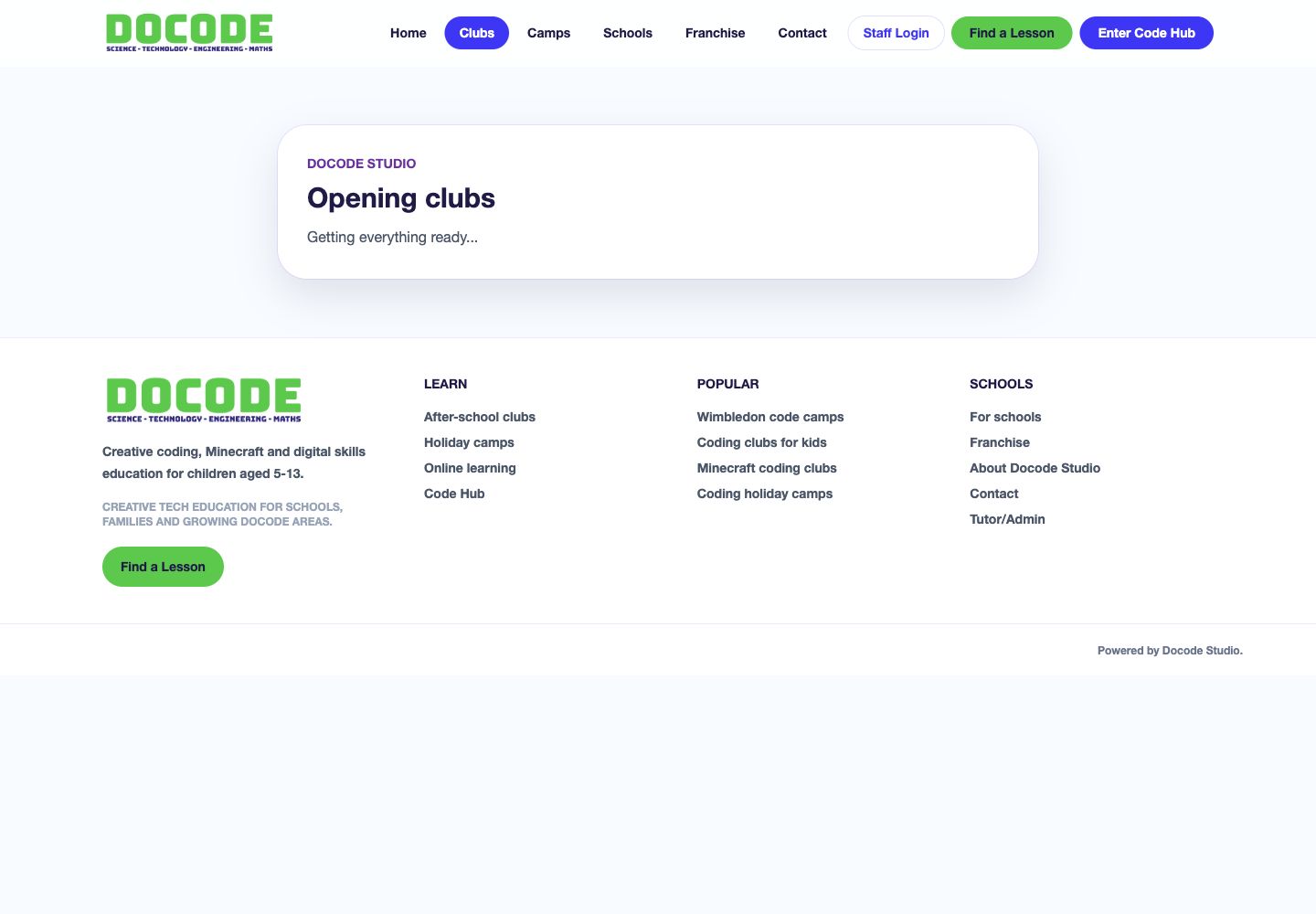 Screenshot of the Docode coding clubs page.