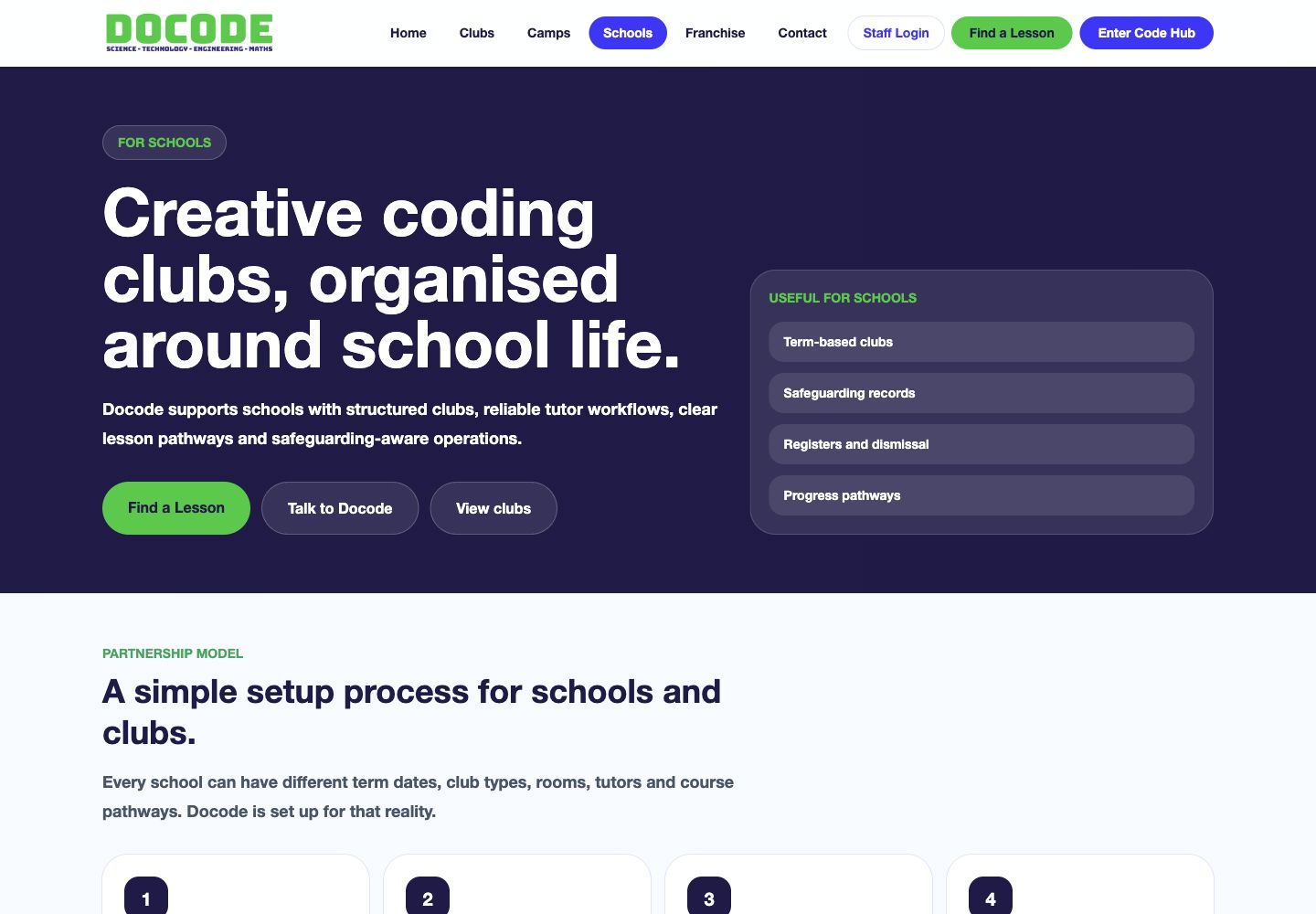 Screenshot of the Docode schools provision page.
